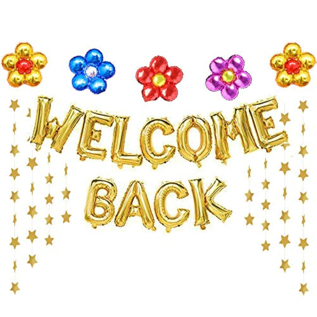 Gold welcome back balloons and banner with flower and star accents for school or home decor