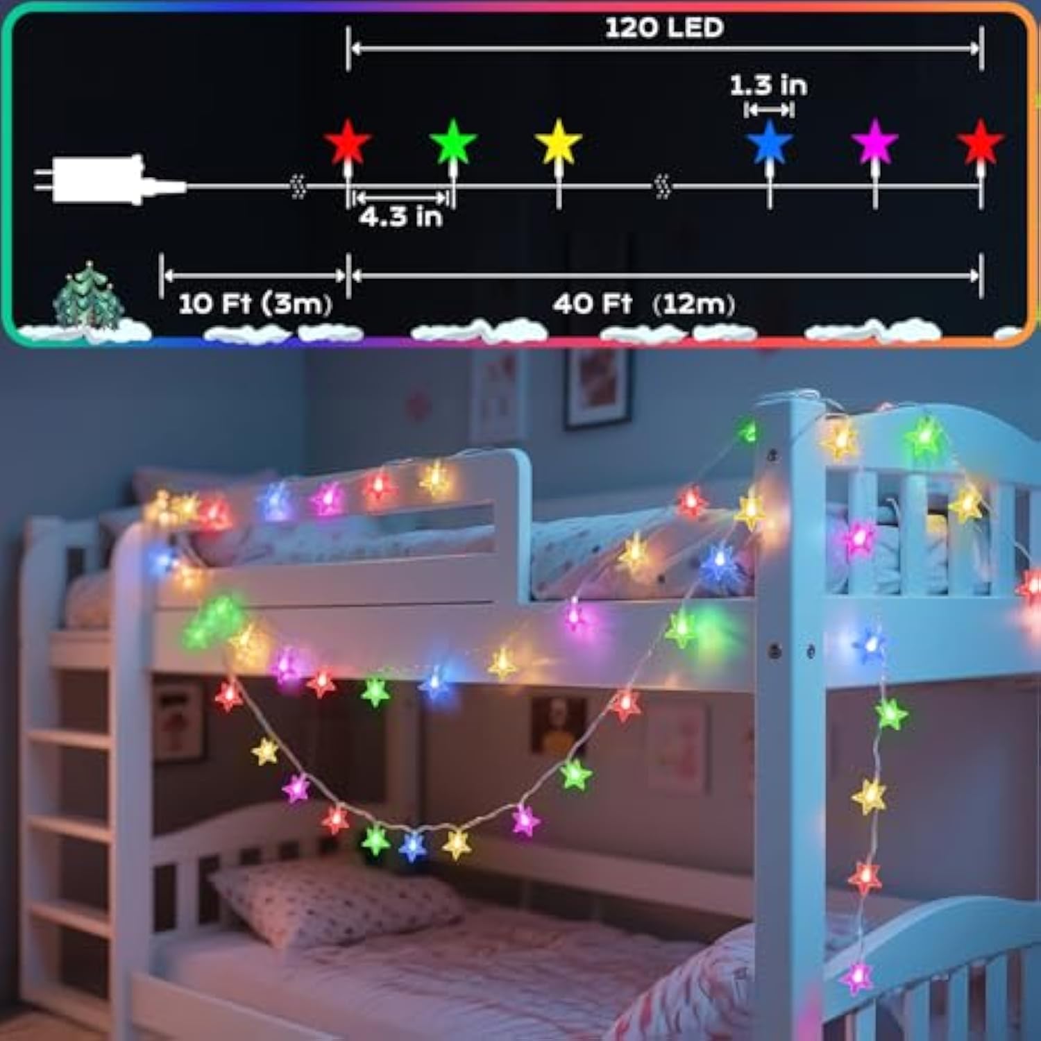 120 Led 40Ft Star String Lights, 8 Modes Plug In Christmas Lights With Timer & Memory, Indoor Outdoor Christmas Twinkle
