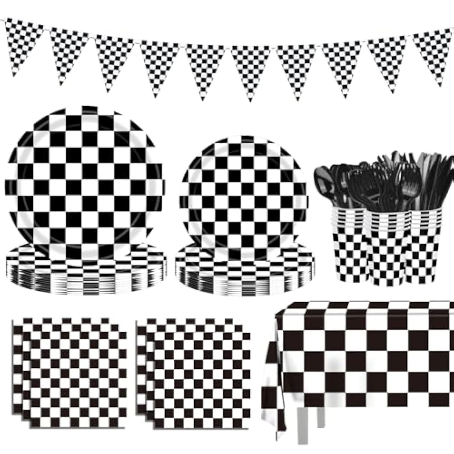 170 Pcs Race Car Birthday Party Decorations Black And White Checkered Plates And Napkins, Checkered Party Supplies Serves 24