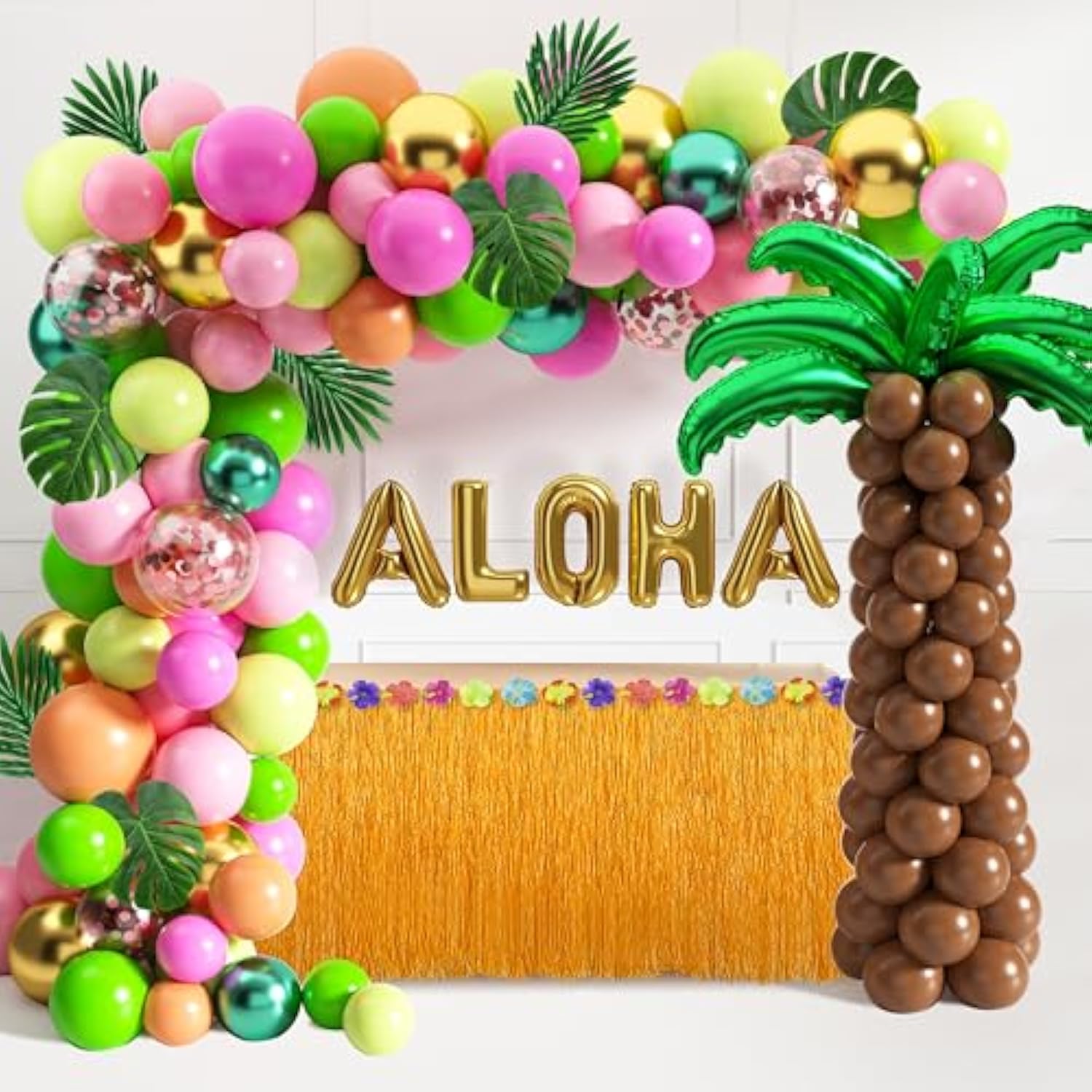 163PCS Tropical Luau Balloon Garland Kit with Palm Leaves, Flamingo & Aloha