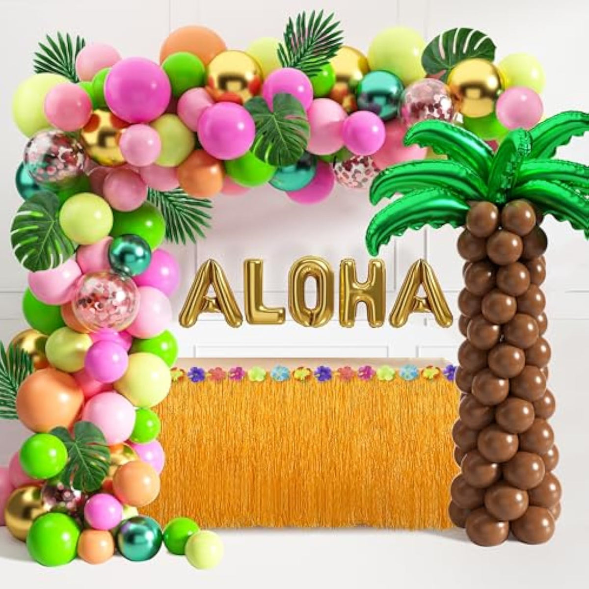 163PCS Tropical Luau Balloon Garland Kit with Palm Leaves, Flamingo & Aloha