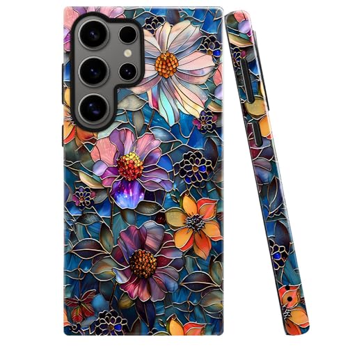 Case for Samsung Galaxy S24 Ultra,Colorful Floral Flower Art Phone Case Drop Resistant Glossy 2 in 1 Solid Dual-Layer Cover for Girl Women
