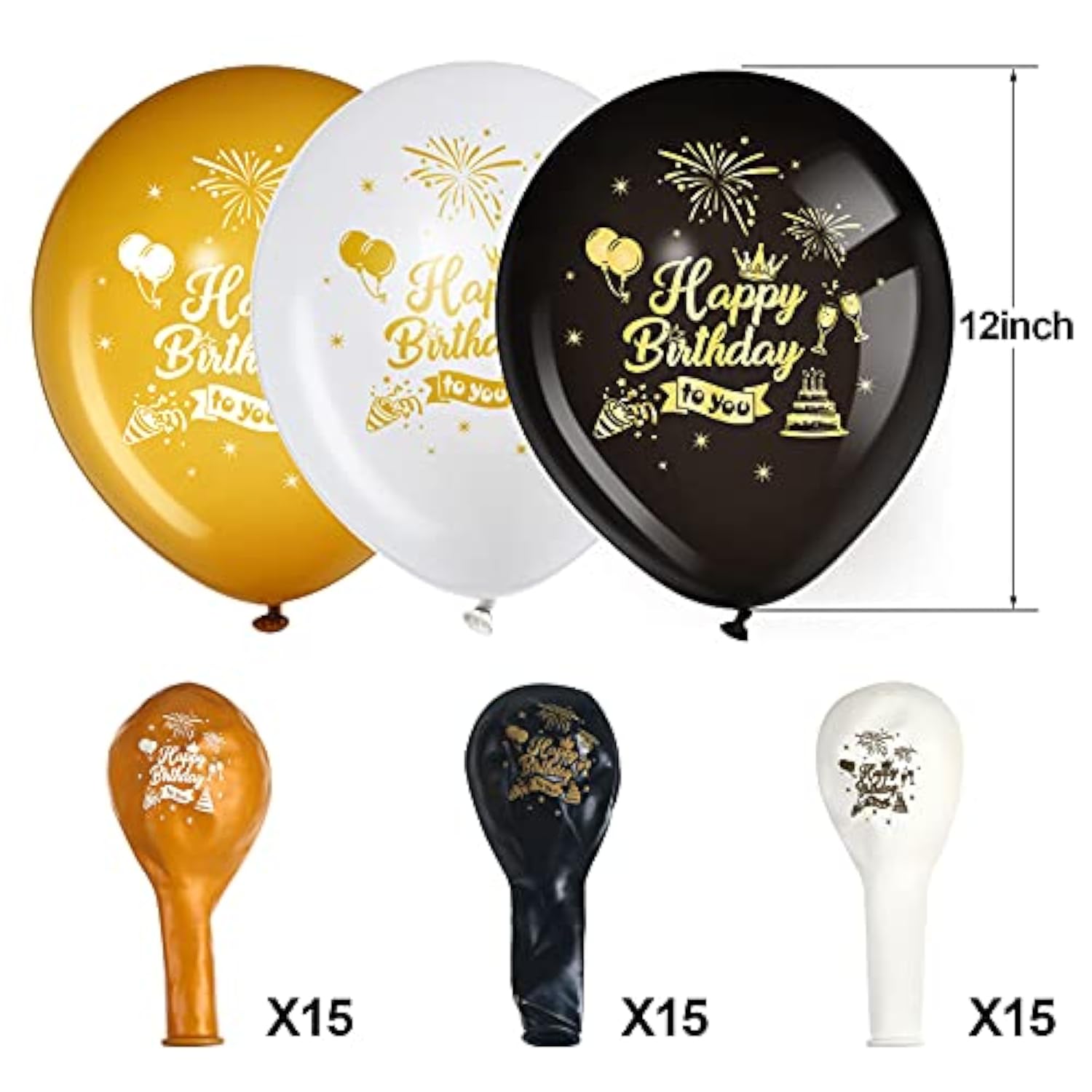 45PCS 12 Inch Happy Birthday Balloons Black Gold White Latex for Party Decorations