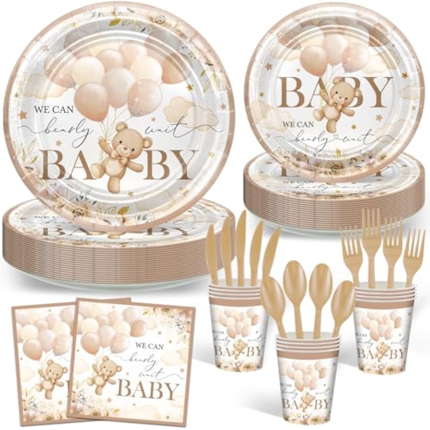 168 Pcs Bear Baby Shower Decorations Brown Bear Plates Napkins Tableware Set We Can Bearly Wait Baby Shower Supplies, Serves 24