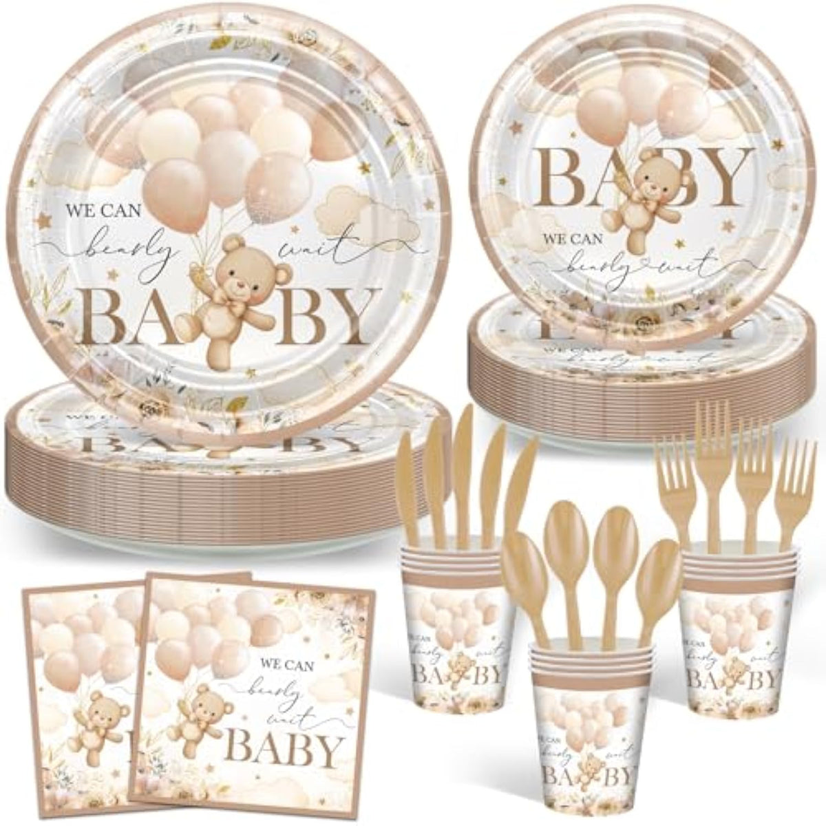 168 Pcs Bear Baby Shower Decorations Brown Bear Plates Napkins Tableware Set We Can Bearly Wait Baby Shower Supplies, Serves 24
