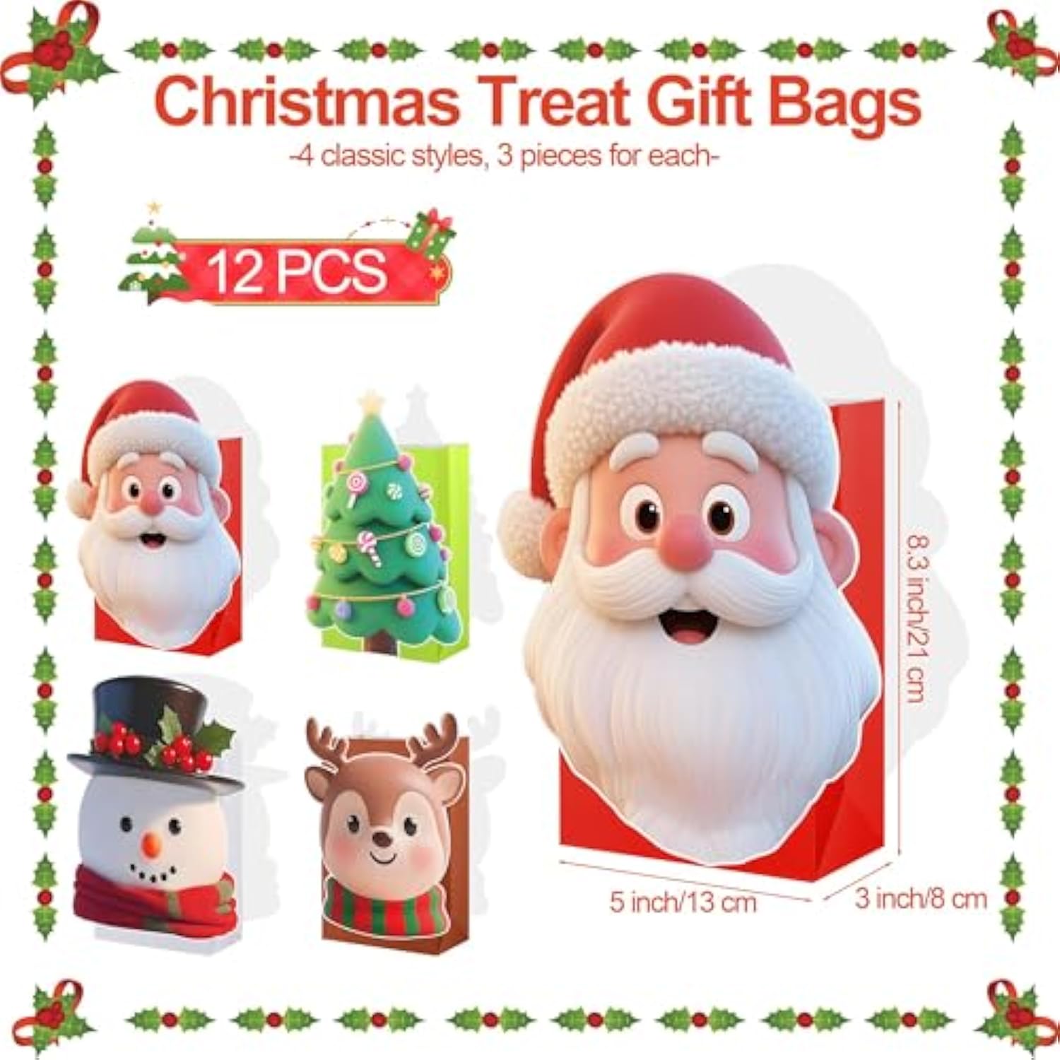 12 Pieces Christmas Treat Gift Bags 8.3 X 5 X 3 Inch Xmas Paper Goodie Candy Bags For Present Wrapping For Xmas Holiday Decor Supplies Classrooms Wedding And Party Favors