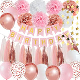 Pink Rose Gold Birthday Party Decorations Set, Rose Gold Glittery Happy Birthday Banner, Ballons Tissue Paper Pom, Star Garland And Tassel Garland For Party Decorations Girls Women