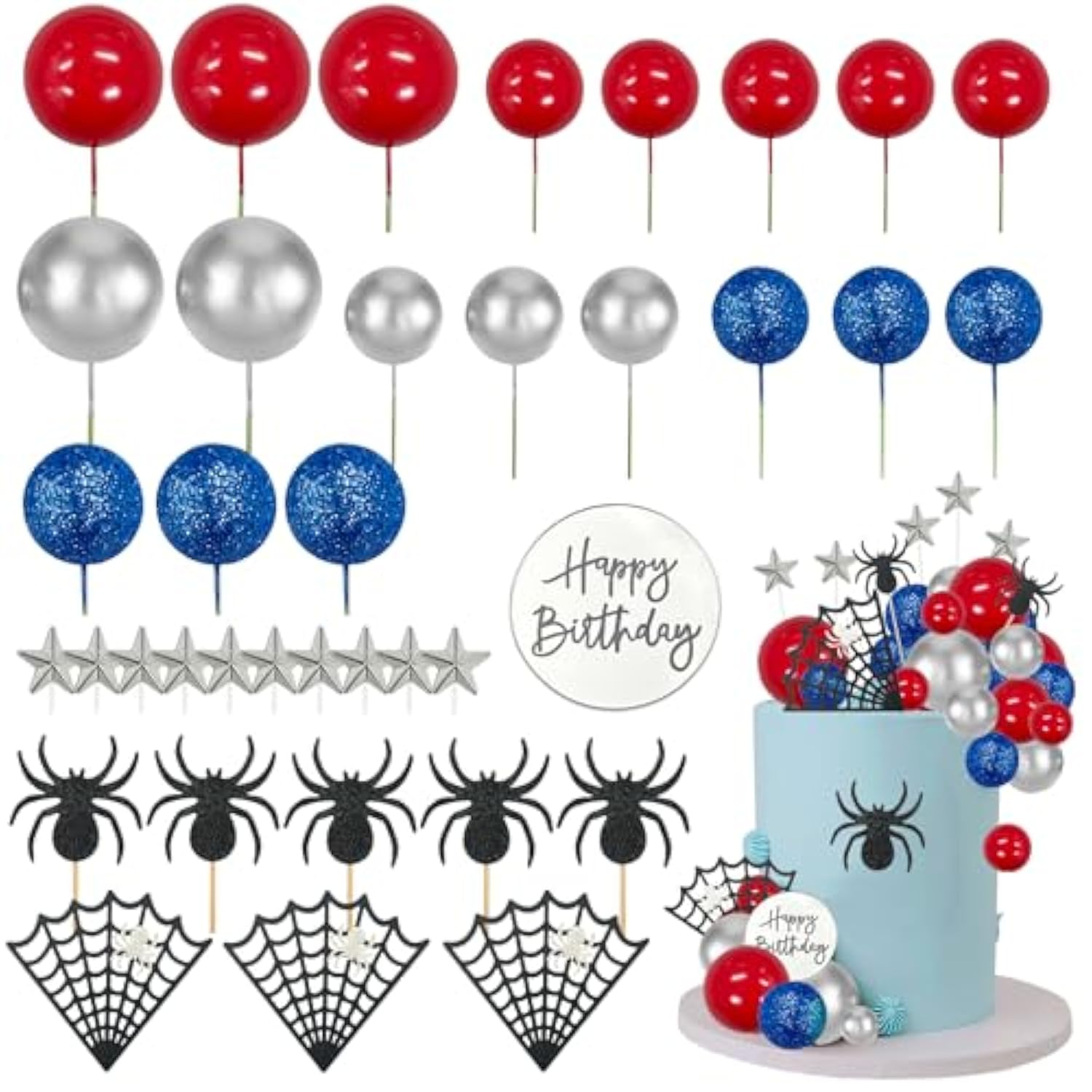 Spider Cake Topper Spider Web Cupcake Decorations Spiders Theme Cake Decor Glitter Happy Birthday Toppers Stars Red Silver Blue Balls Cupcake Topper For Boys Men Baby Shower Party Supplies