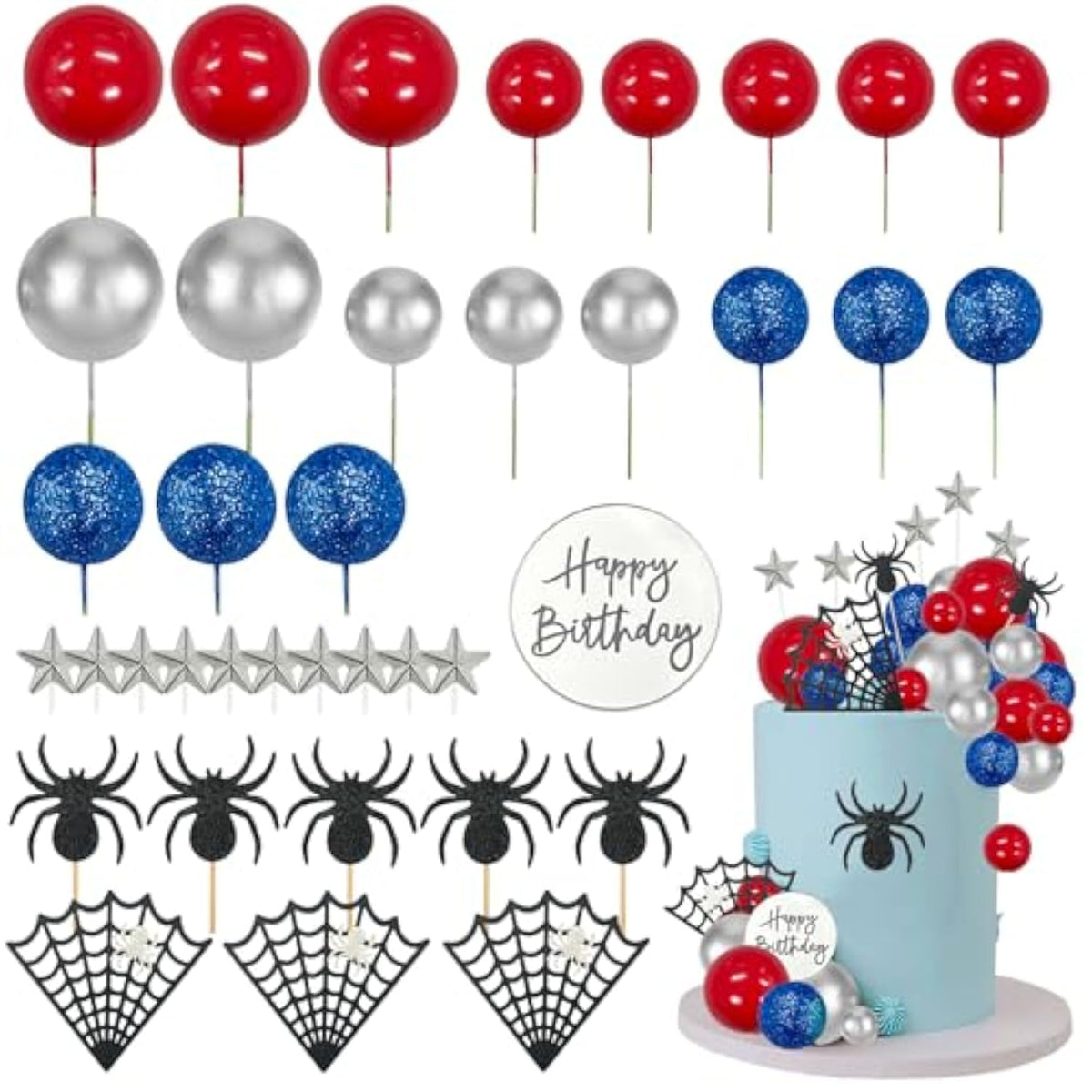 Spider Cake Topper Spider Web Cupcake Decorations Spiders Theme Cake Decor Glitter Happy Birthday Toppers Stars Red Silver Blue Balls Cupcake Topper For Boys Men Baby Shower Party Supplies