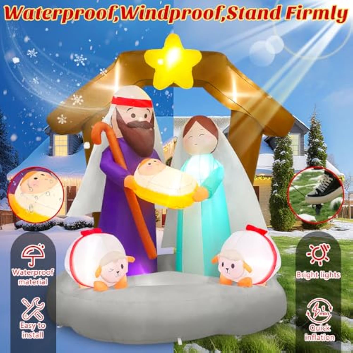 6Ft Tall Christmas Inflatables Nativity Scene Outdoor Decorations, Built-In Led Lights Funny Inflatable The Birth Of Jes