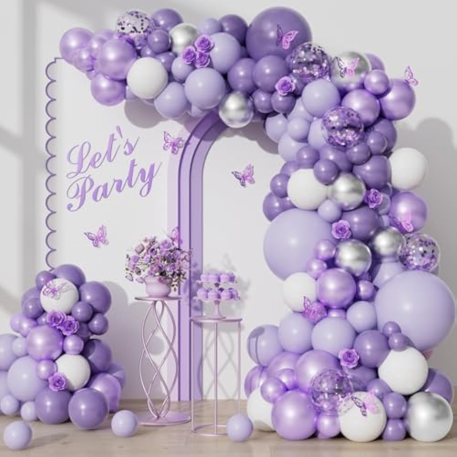 Purple Balloons Garland Arch Kit, 126Pcs Lavender Party Decorations With Metallic Silver Purple Confetti Balloons For Butterfly Birthday Wedding Baby Shower Party Decorations