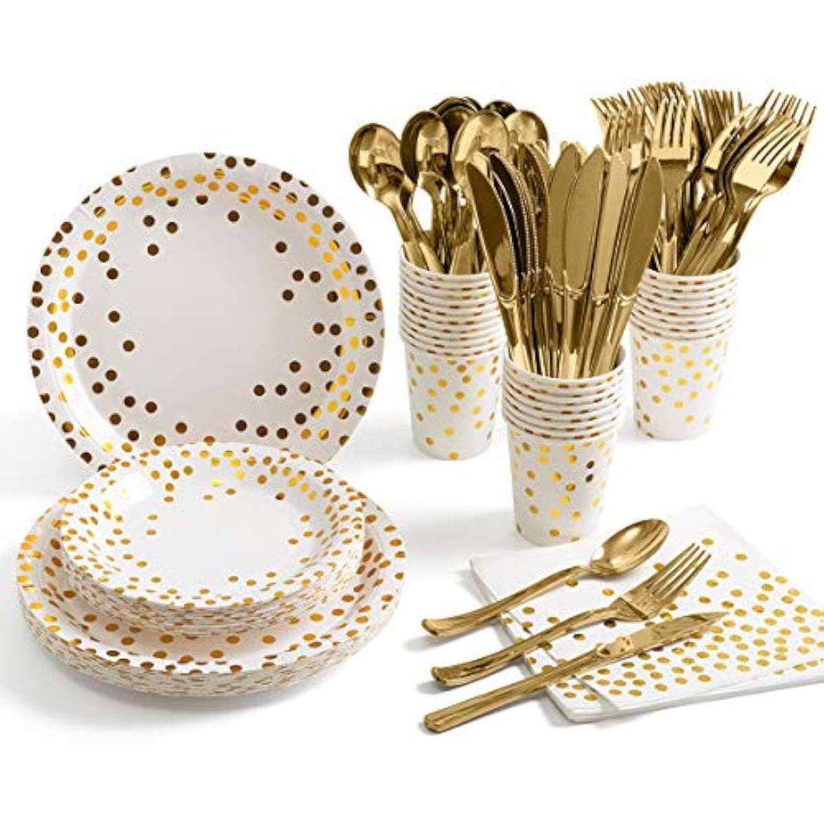 175 Piece Gold Party Supplies Set Serves 25 - Gold Paper Plates Napkins Cups With Gold Plastic Silverware Sets For Wedding Bridal Shower Baby Shower Holiday Parties