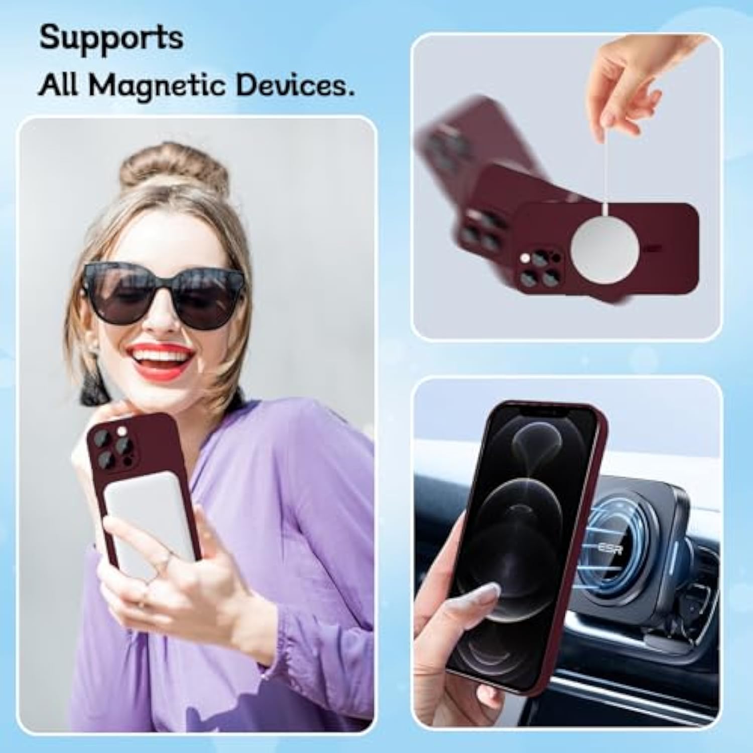 Magnetic Case For Iphone 13 Pro Max Phone Case For Women, [Compatible With Magsafe] Matte Soft Metallic Design With Lens Protectors And 2 Screen Protectors For Iphone 13 Pro Max 6.7"-Wine Red