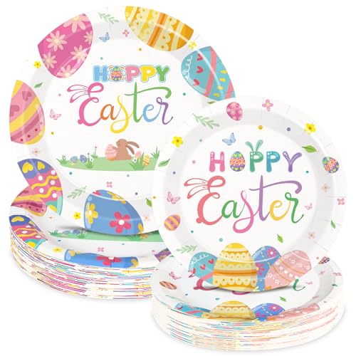 50 Pack Easter Paper Plates Set, Happy Easter Disposable Party Dessert Plates with Colorful Eggs & Bunny Design, Spring Holiday Tableware for Easter Party, Family Gathering & Egg Hunt (7'' + 9'')