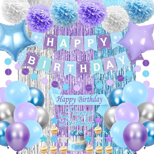 Blue and Purple Birthday Decorations, 50PCS Winter Birthday Party Decorations with Blue Purple Silver Balloons Banner Sash Fringe Curtain, Winter Wonderland Decorations Party Supplies for Women Girls