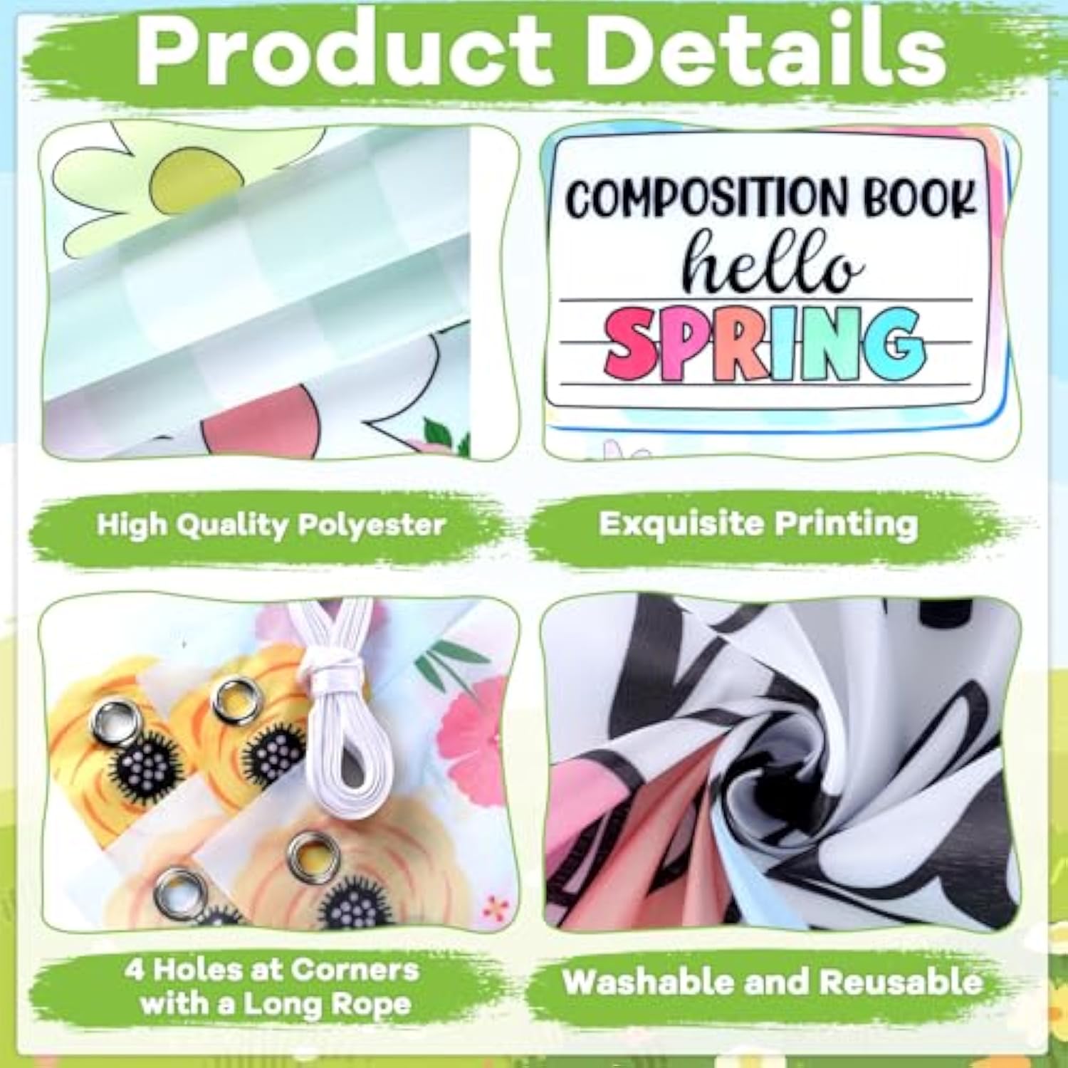 Spring Composition Notebook Classroom Door Cover Green Floral Butterfly Rainbow Hanging Banner Back To School First Day Of School Welcome Backdrop Wall Door Decor For Kindergarten Preschool Elementary