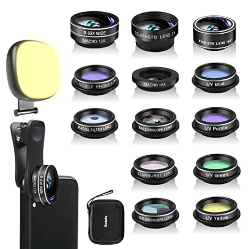 Phone Camera Lens Kit, 14 In 1 Lenses With Selfie Light For Iphone 14 13 12 11 Xs X Pro Samsung And Other Andriod Smartphone, Universal Clip On Wide Angle+Macro+ Fisheye Camera Lenses