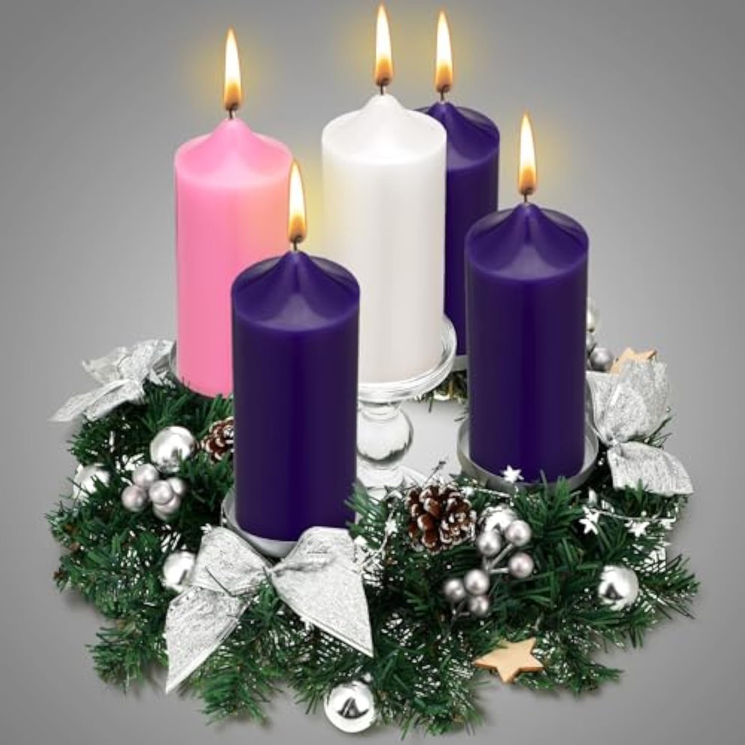 Christmas Advent Wreath Candle Holder Pillar Wreaths Centerpiece Decor Advent Calendar Ring Candleholder Decoration Stand Gifts Church(Silver)