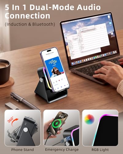 Induction Speaker 5-in-1 Bluetooth Audio for iPhone Android with Phone Stand, Adjustable Desktop Phone Holder with Charger & RGB Light, Cool Tech