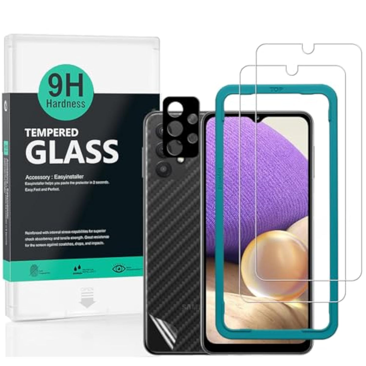 Screen Protector For Samsung Galaxy A32 5G(6.5 Inches),With 2Pcs Tempered Glass,1Pc Camera Lens Protector,1Pc Backing Carbon Fiber Film[Fingerprint Reader,Easy To Install]