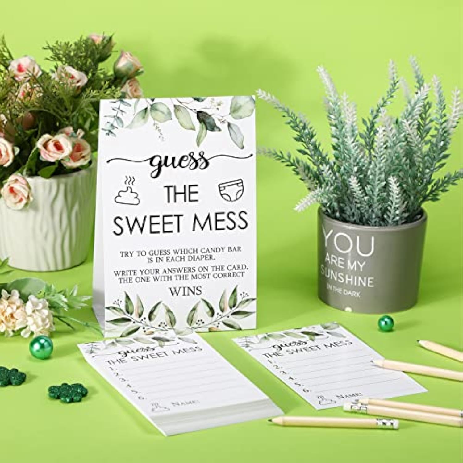 67 Pcs Guess The Sweet Mess Dirty Diaper Baby Shower Game Includes Guess The Sweet Mess Sign 50 Small Cards 10 Pencils And 6 Number Stickers For Baby Shower Game Gender Reveal Party(Leaves)