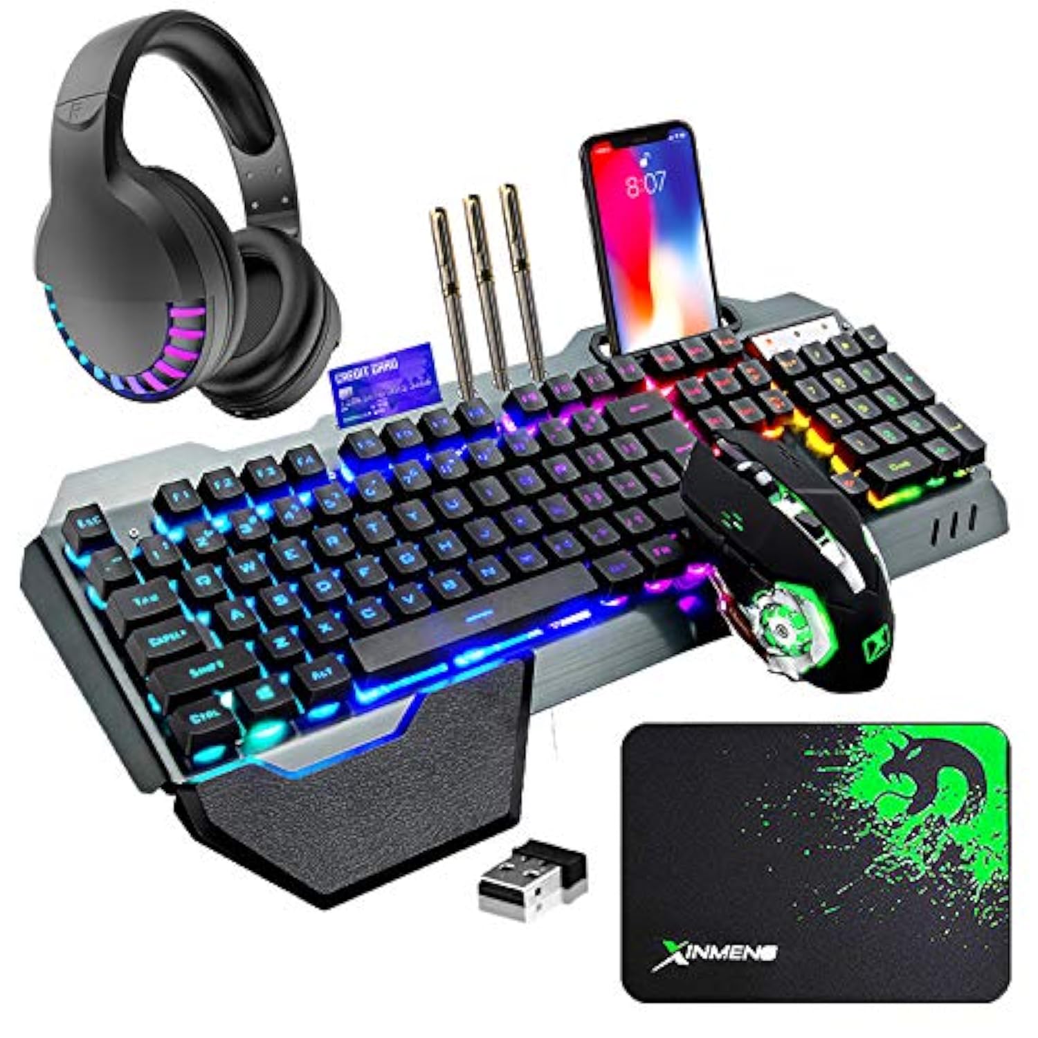Wireless Gaming Keyboard Mouse Bluetooth Headset Kit With 16 Rgb Backlit Rechargeable Battery Metal Mechanical Ergonomic Waterproof Dustproof Removable Palm Rest For Laptop Pc Gamer(Rainbow Rgb)