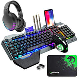 Wireless Gaming Keyboard Mouse Bluetooth Headset Kit With 16 Rgb Backlit Rechargeable Battery Metal Mechanical Ergonomic Waterproof Dustproof Removable Palm Rest For Laptop Pc Gamer(Rainbow Rgb)