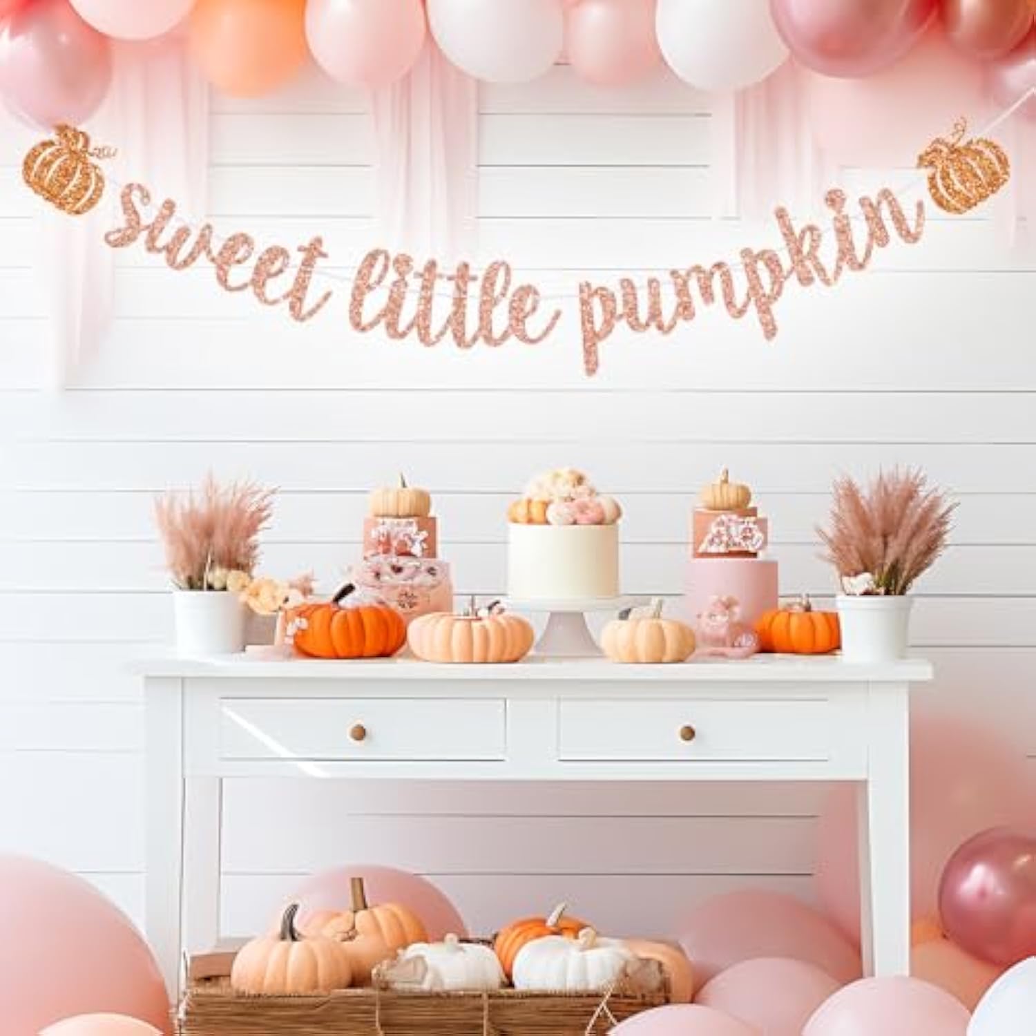 Sweet Little Pumpkin Banner, Autumn Baby Girl Birthday Party Banner, Halloween Thanksgiving Baby Shower Decoration, A Little Pumpkin Is On The Way Decor Rose Gold Glitter
