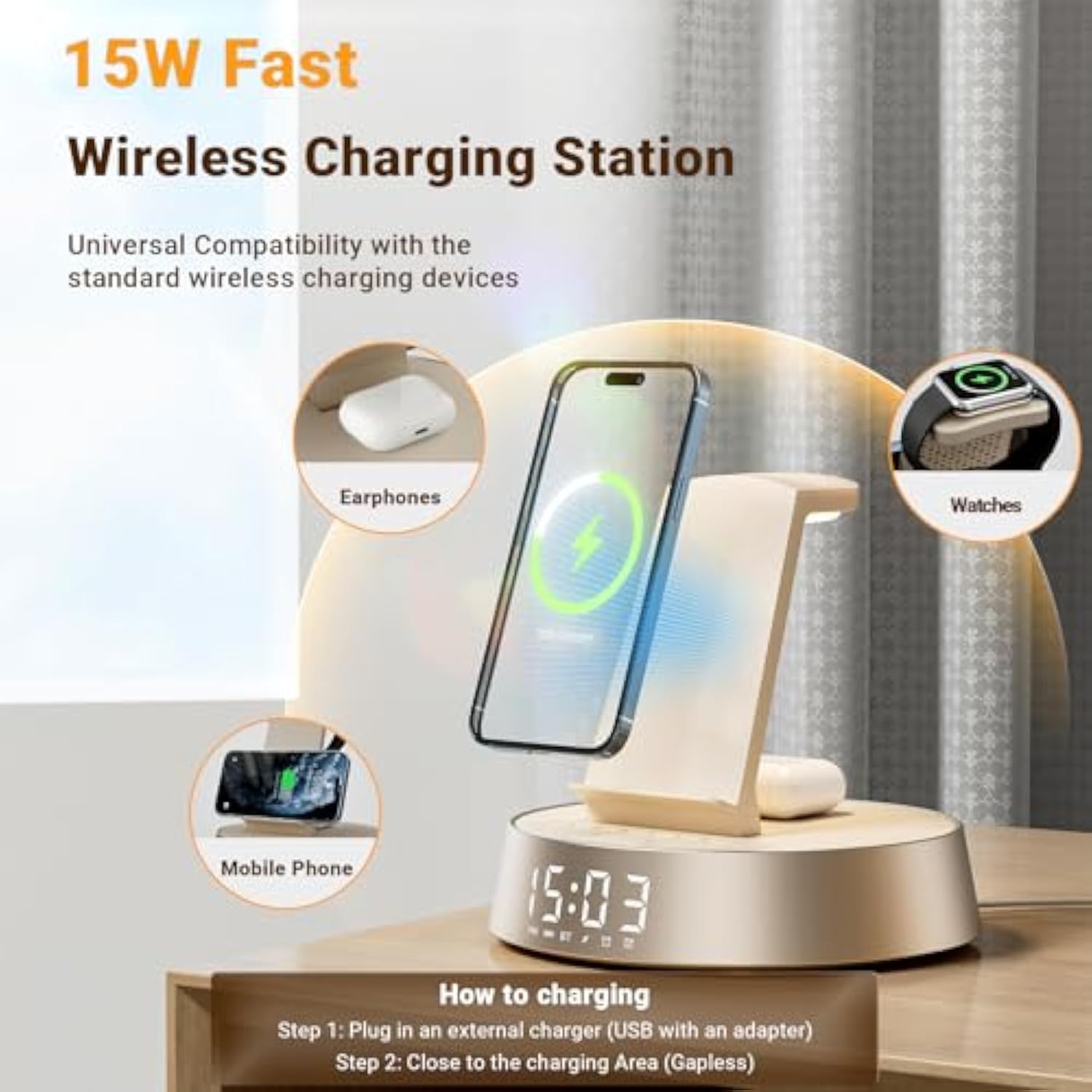 7 In 1 Wireless Charging Station, Alarm Clock For Bedroom With Dimmable Night Light Bluetooth Speaker, Dock Station For Iphone 16 15 14 13 12 11 Pro Max, Apple Watch