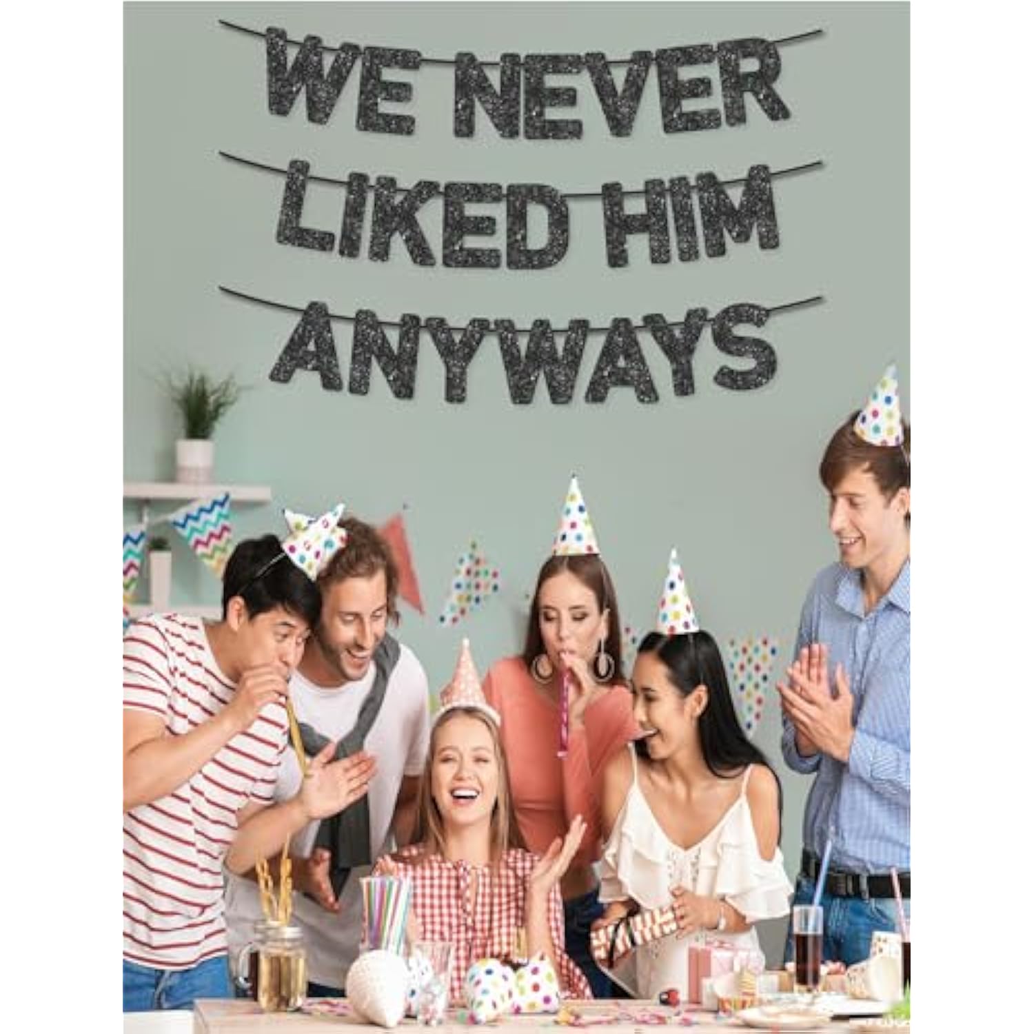 Pre-Strung We Never Liked Him Anyways Black Glitter Divorce Party Banner,Newly Single,Funny Breakup Decorations,Ideas, Gifts And Decorations