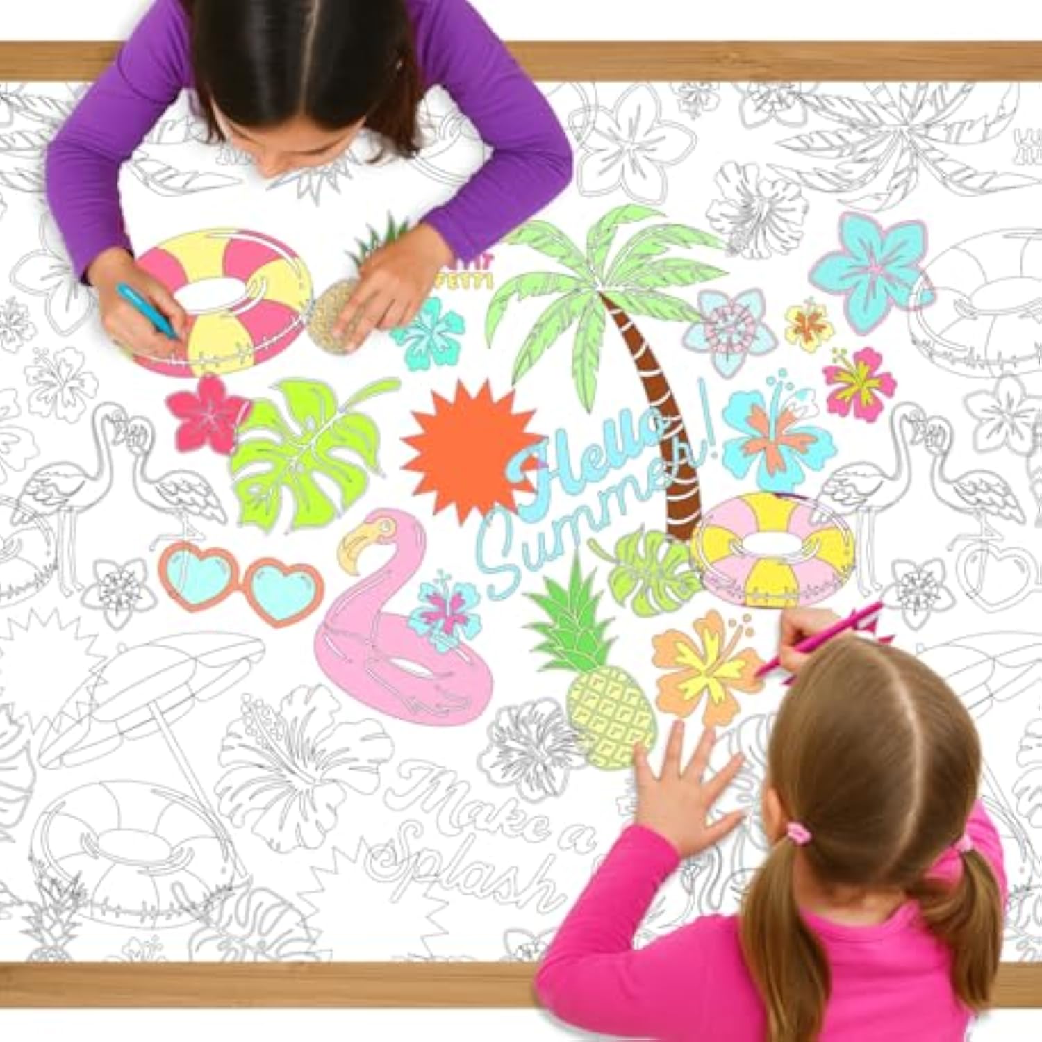 Pool Party Paper Coloring Tablecloth - 9' X 4.5' | Summer Tablescape, Palm Tree Dinner Party Setting, Kids Birthday Decoration, Cute Tablecover, Beach Table Diy