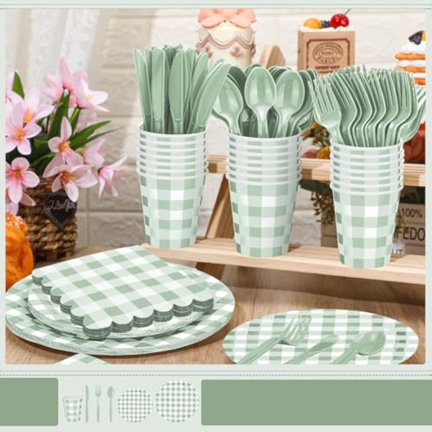 168-Piece Sage Green Gingham Party Supplies Set - Plates, Cups, Cutlery for 24