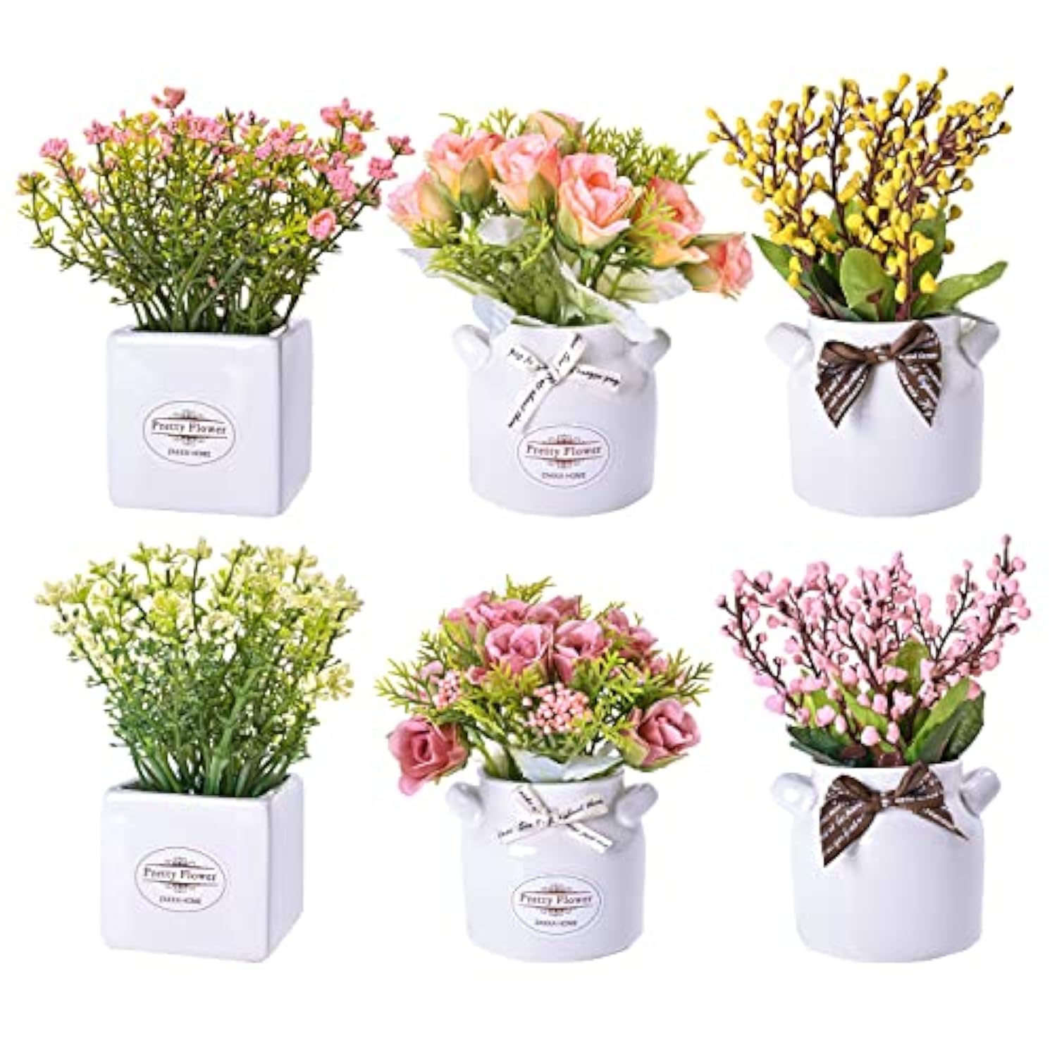 6Pcs Artificial Flowers With Ceramic Pot Fake Flower Arrangements Small Faux Spring Flowers In Vase Home Spring Decor, Centerpiece Table Decorations For Farmhouse Office Shelf Dining Table