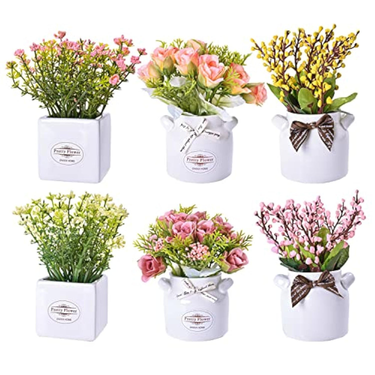 6Pcs Artificial Flowers With Ceramic Pot Fake Flower Arrangements Small Faux Spring Flowers In Vase Home Spring Decor, Centerpiece Table Decorations For Farmhouse Office Shelf Dining Table