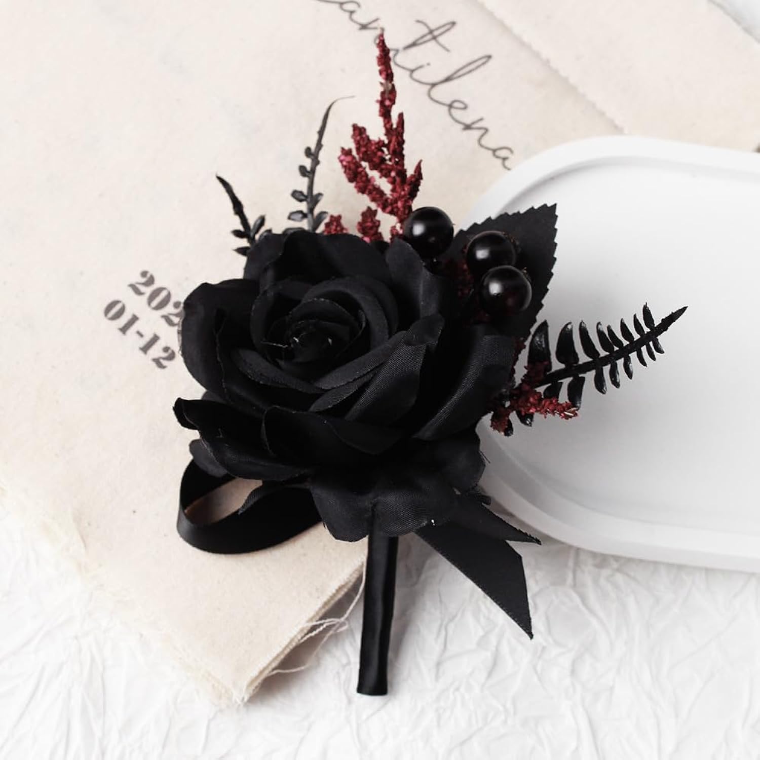 Black Wrist Corsage And Boutonniere Set For Wedding Artificial Flower Accessories Prom Party Decoration (Black)