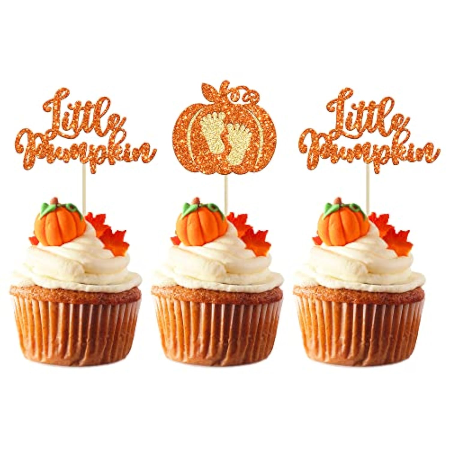 24Pc Little Pumpkin Cupcake Toppers - Glitter Pumpkin Cupcake Picks - Baby Shower Decorations - Fall Harvest Theme - Kids Birthday Party Supplies