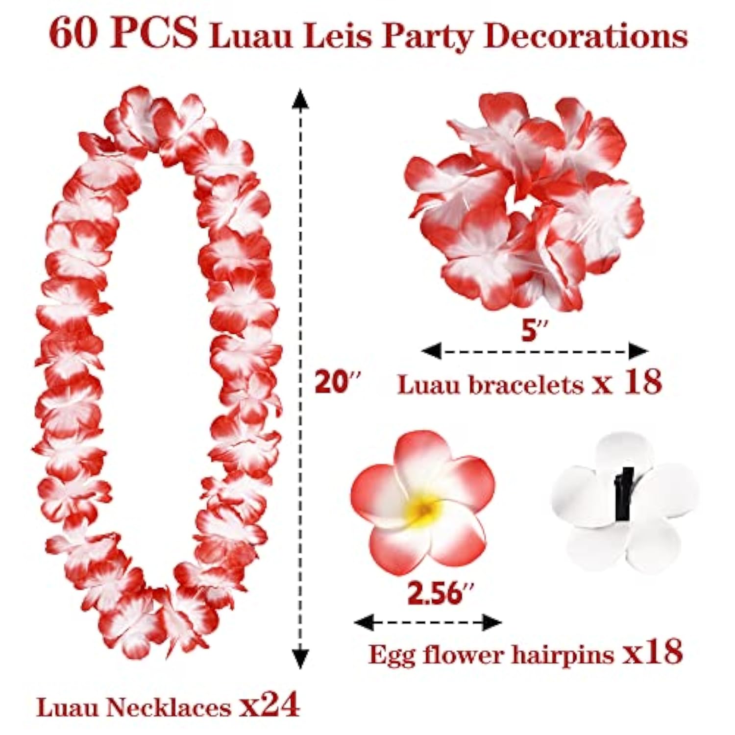 60Pcs Hawaiian Luau Leis Party Decorations Supplies Set - Tropical Tiki Flowers Necklaces + Bracelets + Hair Clips Bulk Summer Pool Birthday Decor Favors