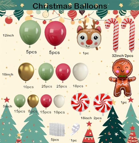 Christmas Balloon Arch 142pcs Sage Green Red And Sand Balloons Christmas Balloon With Candy Cane Gingerbread Balloon For New Year XMAS Party Decorations