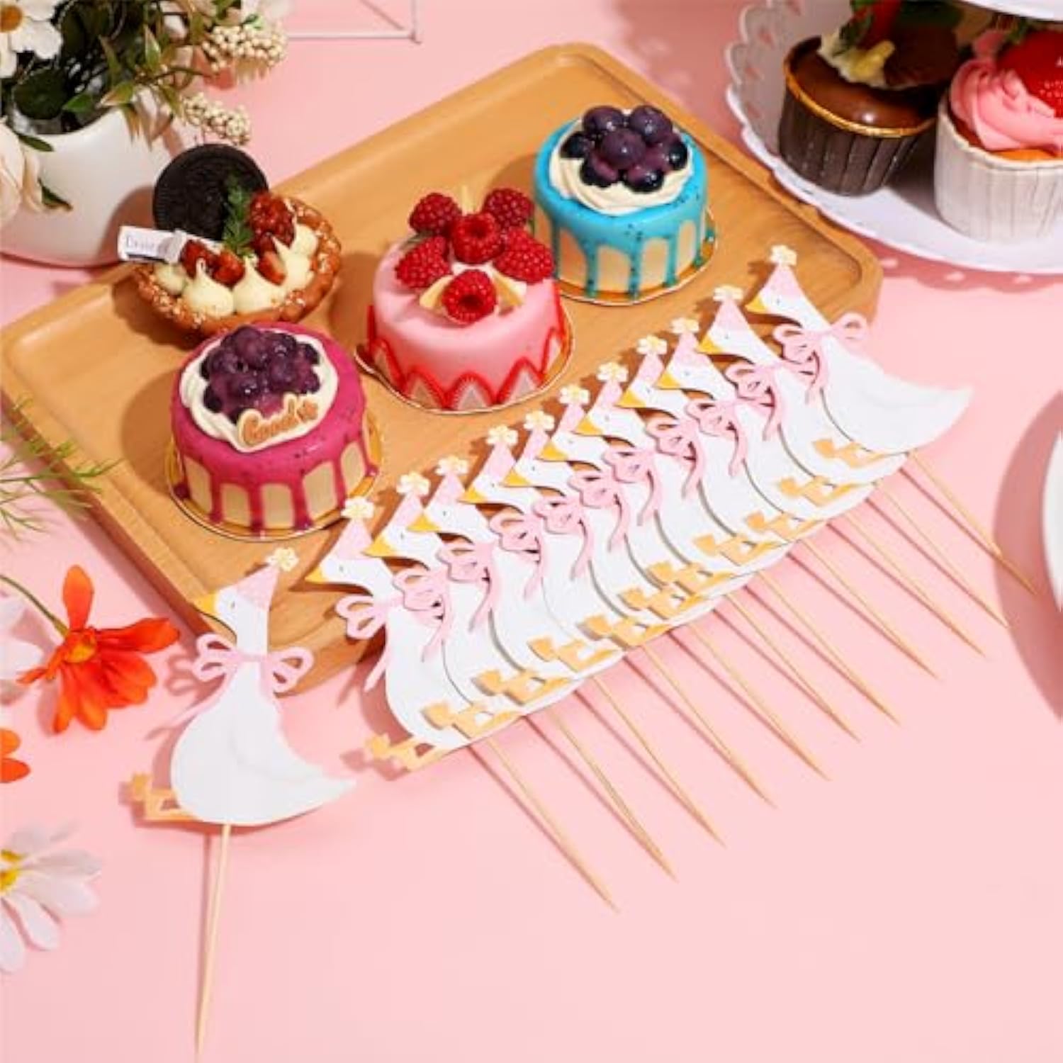 12 Pcs Silly Goose Cupcake Toppers Funny One Silly Goose Party Decoration Geese Cake Toppers For Girls Boys Baby Shower Birthday Party Supplies (Pink)