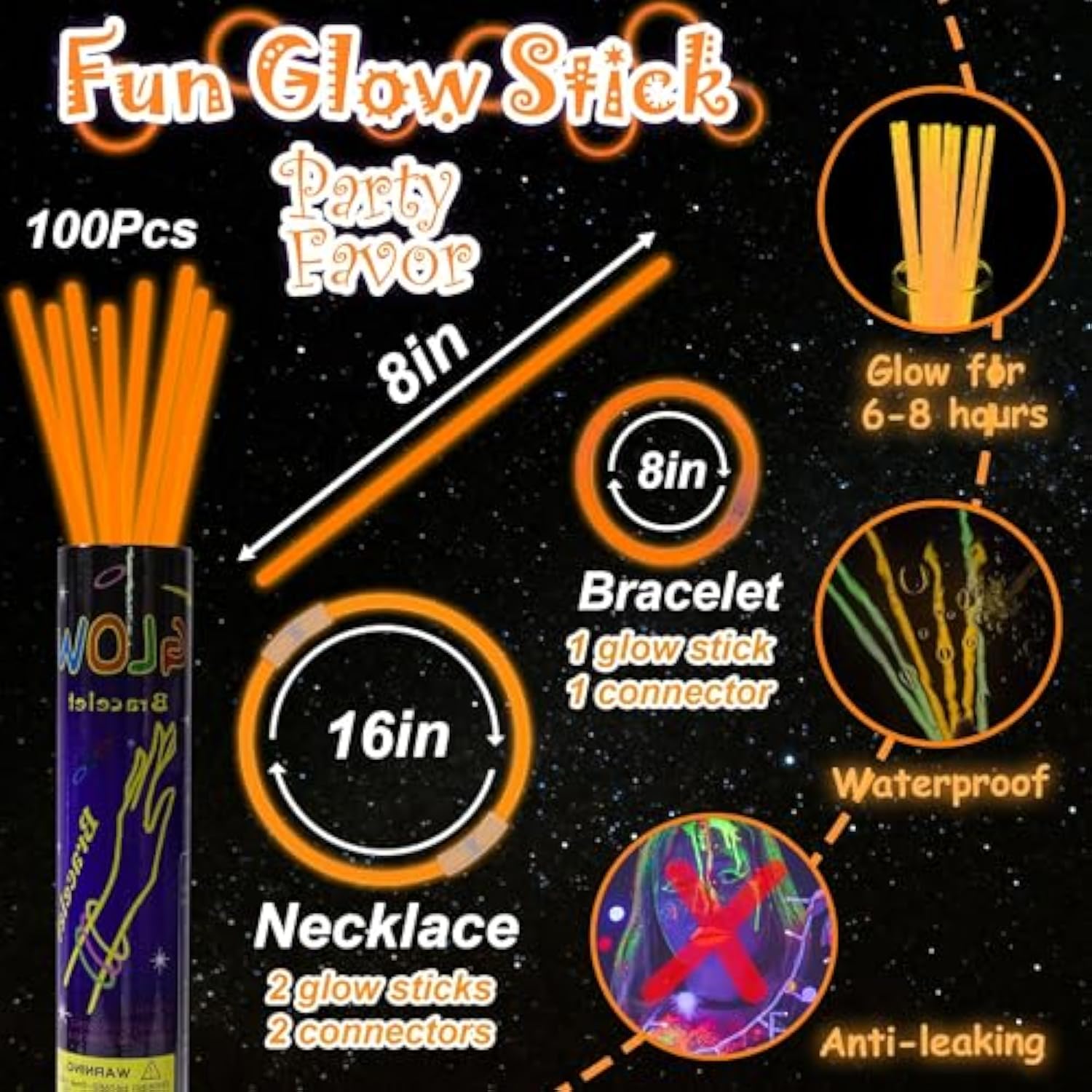 100 Pcs 8 Inch Orange Glow Sticks for Parties, Necklaces, and Bracelets