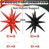 6Pc Black Red Star Foil Balloons – 22" Large Spiky Balloons for Party Decor