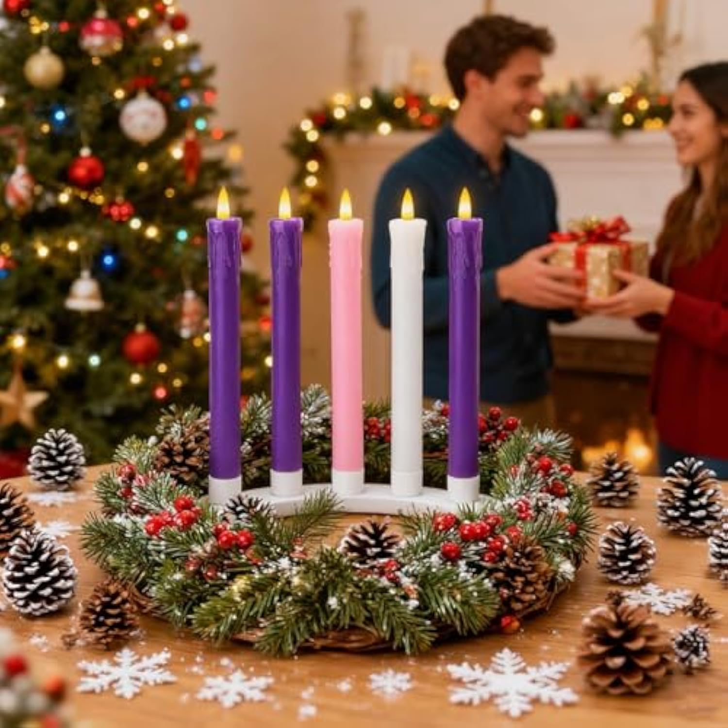 Flameless Advent Candles Battery Operated With Remote, Set Of 5 Wax Christmas Taper Nativity Candles, Led Advent Wreath Candles For Church Home Christian Decor, 3 Purple & 1 Pink & 1 White
