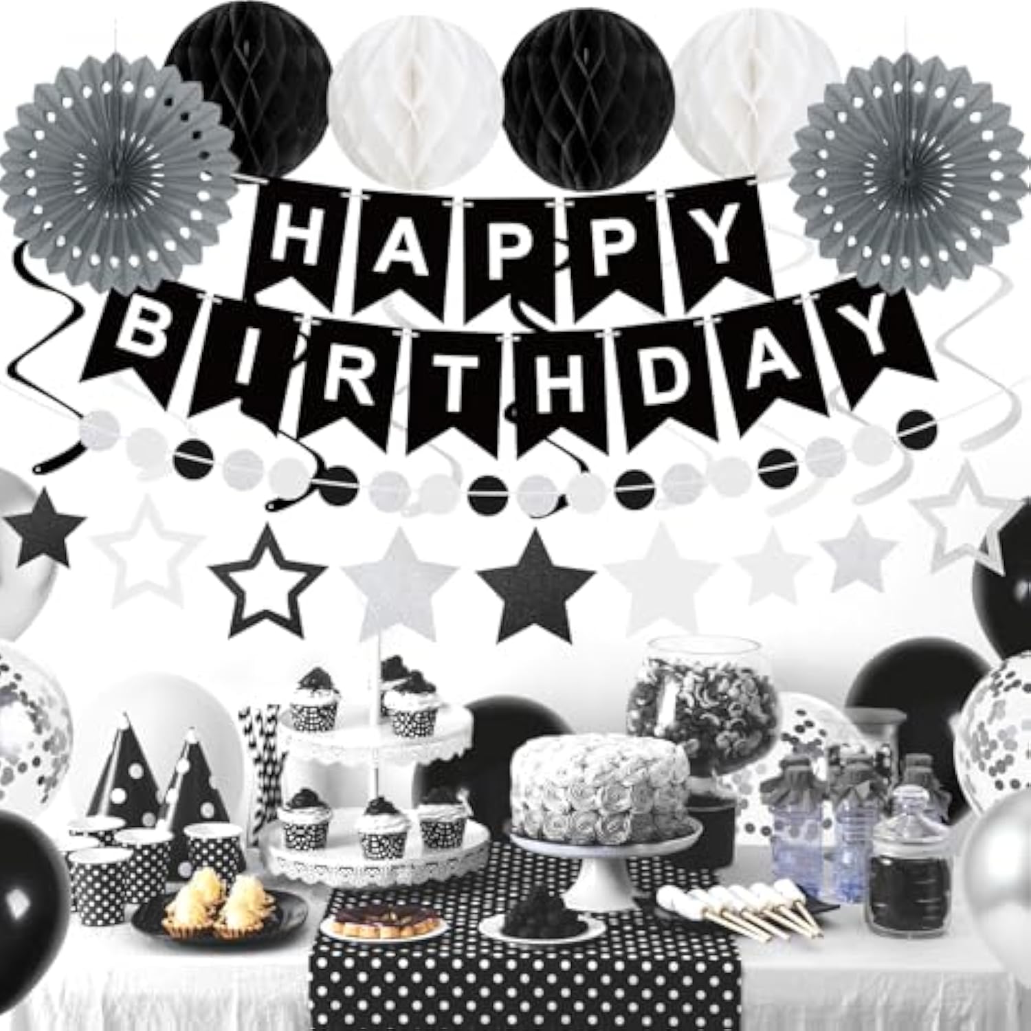 Birthday Decorations Black Happy Birthday Banner Black Balloons Stars Hanging Swirl Streamers 59Pcs Birthday Party Decorations For Men Women Party Supplies