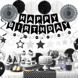 Birthday Decorations Black Happy Birthday Banner Black Balloons Stars Hanging Swirl Streamers 59Pcs Birthday Party Decorations For Men Women Party Supplies