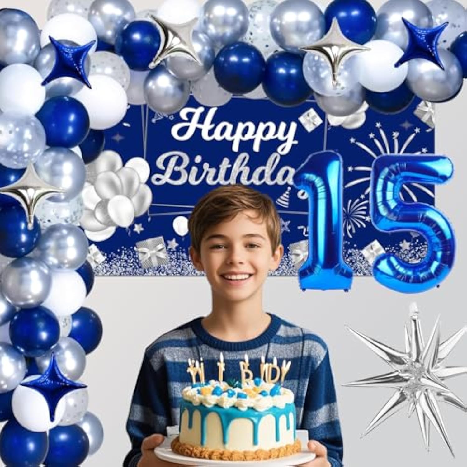 Blue & Silver 15th Birthday Party Decor: Banner, Balloons, Tablecloth & Supplies