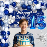 Blue & Silver 15th Birthday Party Decor: Banner, Balloons, Tablecloth & Supplies