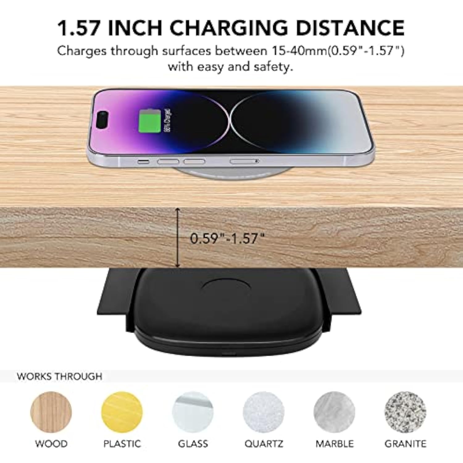 1.57"(40Mm) Invisible Wireless Charger, Under Desk Wireless Charger, Under Counter Charging For Iphone 16/15/14/13/12/ Samsung Galaxy S25/S24/S23/S22/S21(Adapter Included)