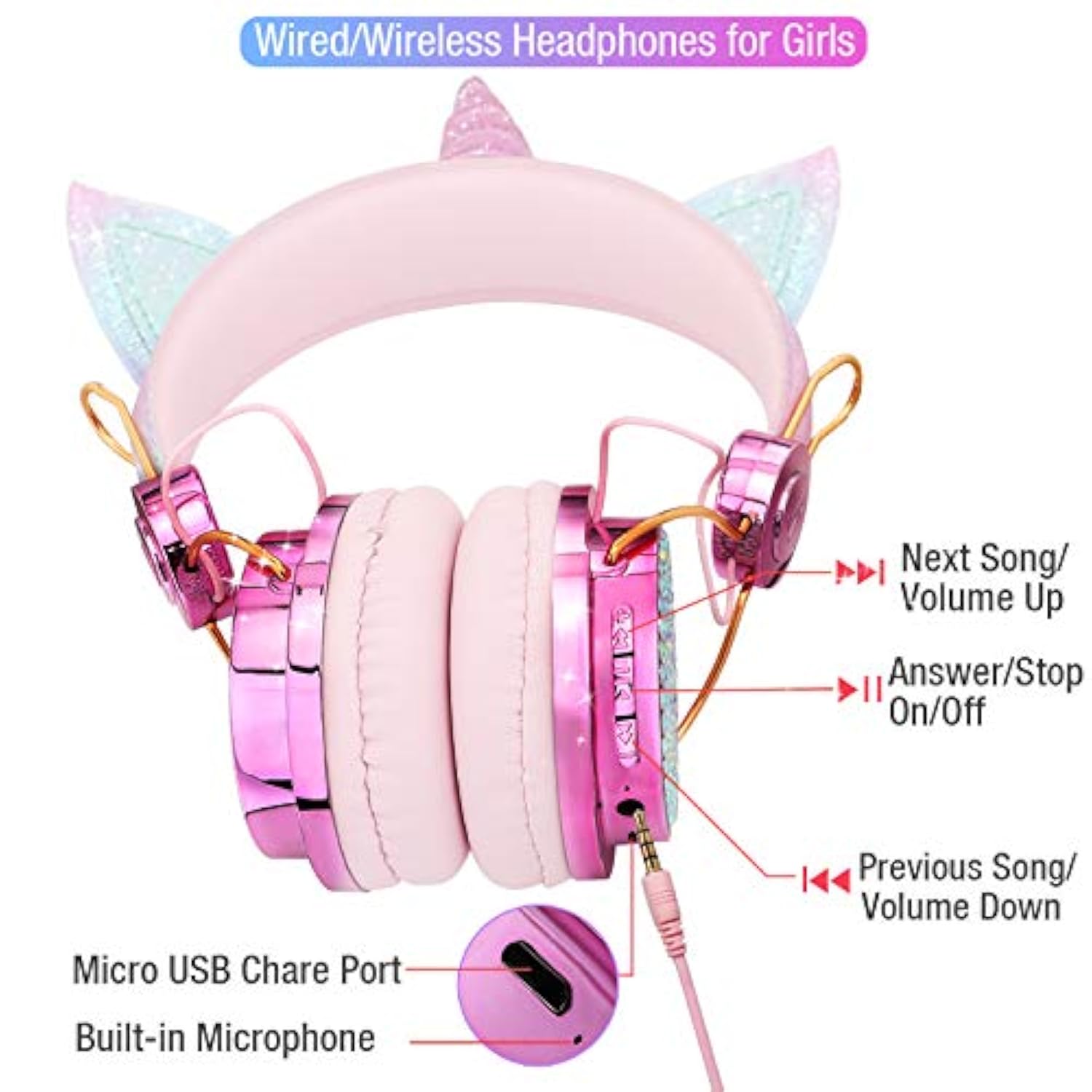 Kids Unicorn Headphones For Girls Wireless Bluetooth Headset With Mic, Adjustable Headband, Over Ear For Smartphones/School/Kindle/Tablet/Pc (Pink)