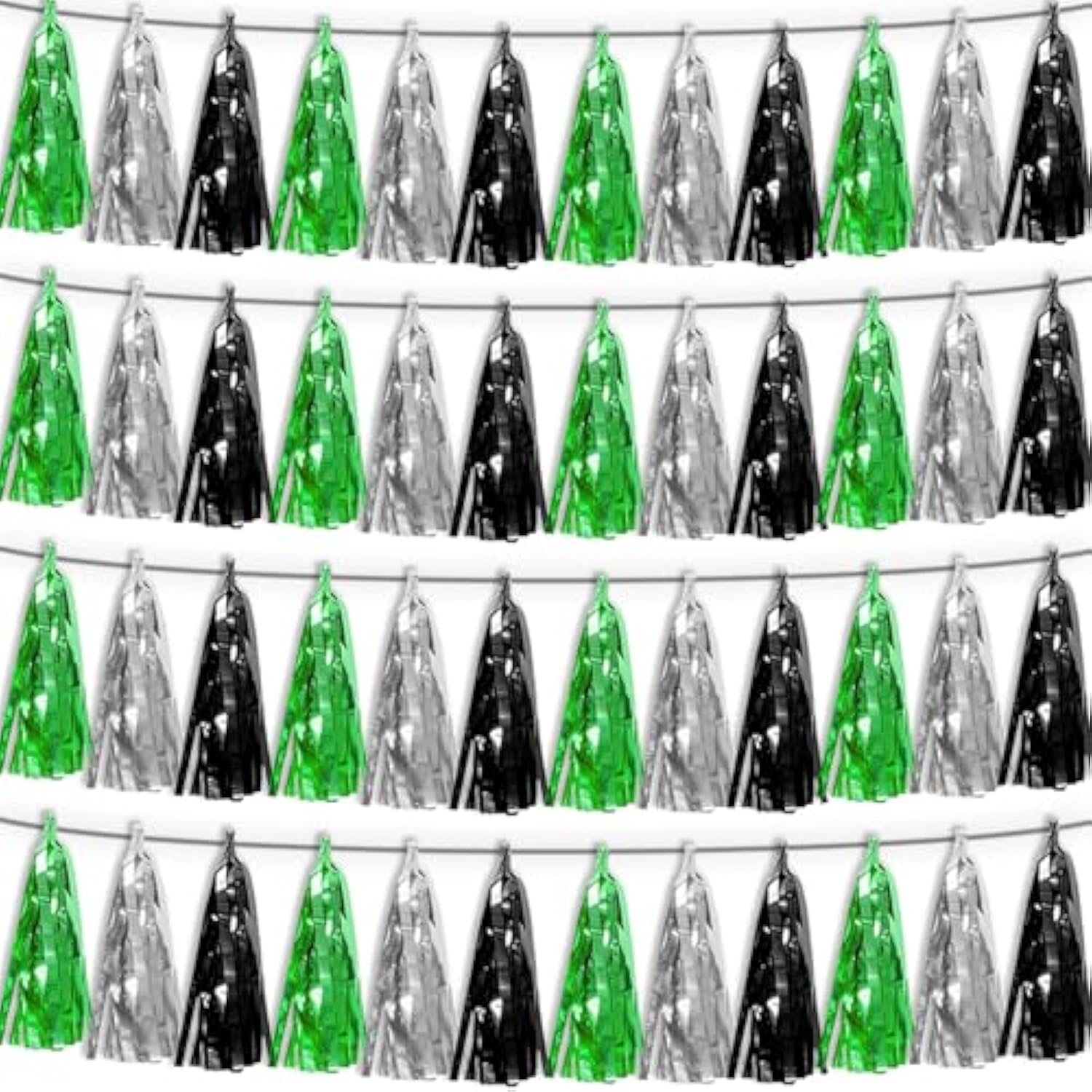 4P Black Silver Green Tassel Banner Garland Metallic Foil Fringe Banner Tinsel Tassels Streamer Banner Backdrop For Parade Floats, Graduation Decorations, Halloween, Christmas Decorations