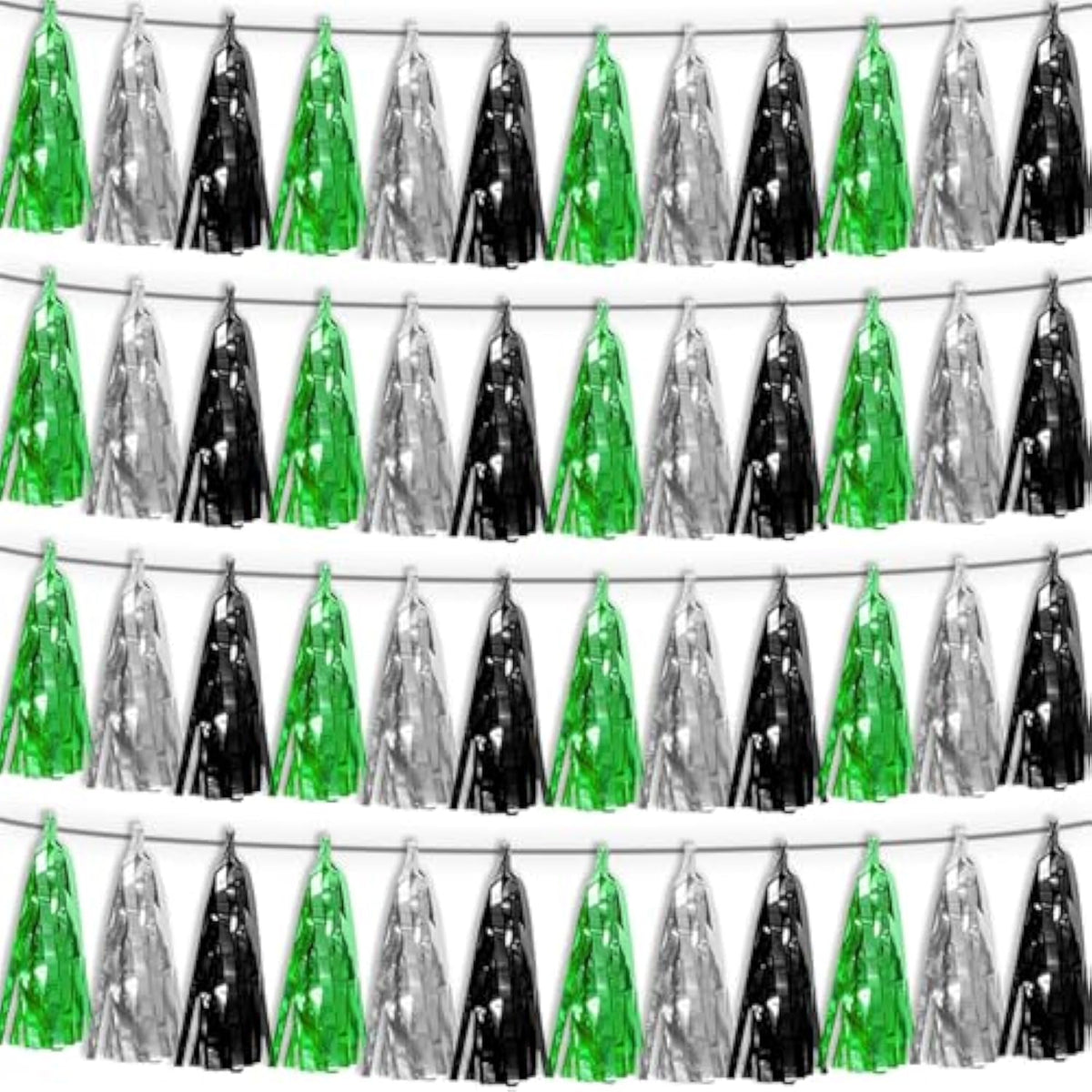4P Black Silver Green Tassel Banner Garland Metallic Foil Fringe Banner Tinsel Tassels Streamer Banner Backdrop For Parade Floats, Graduation Decorations, Halloween, Christmas Decorations